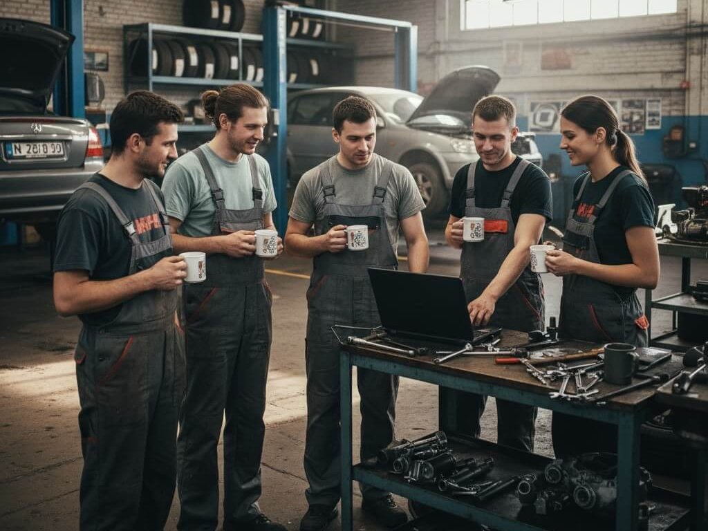 Werkstatt-Team bei entspannter Besprechung am Laptop KI-Bild: Werkstatt-Team sitzt entspannt mit Kaffeetassen um einen Laptop und bespricht sich in der Autowerkstatt