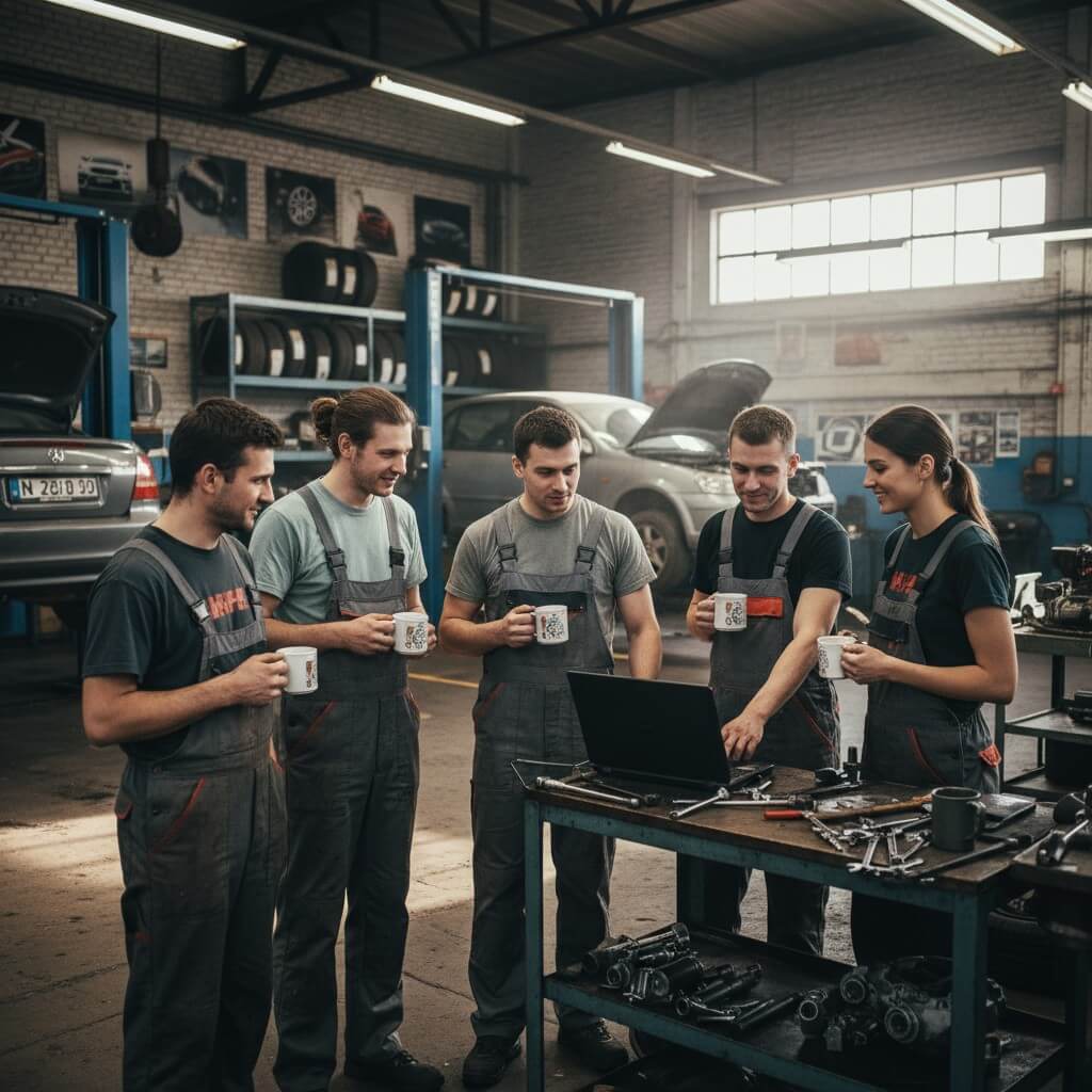 KI-Bild: Werkstatt-Team sitzt entspannt mit Kaffeetassen um einen Laptop und bespricht sich in der Autowerkstatt